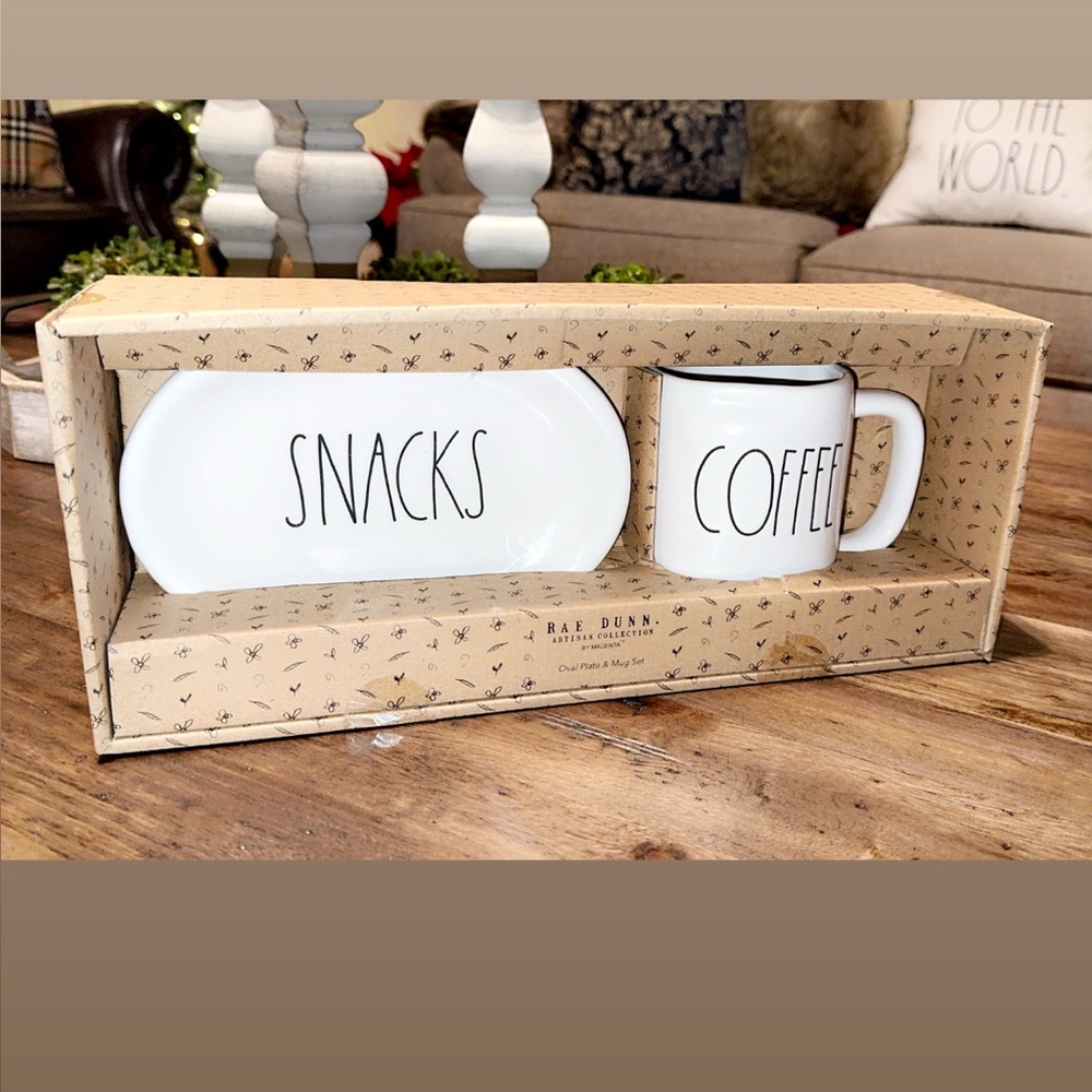 NWT Rae Dunn 2pc Snacks Oval Plate & Coffee Mug/Cup Set in white